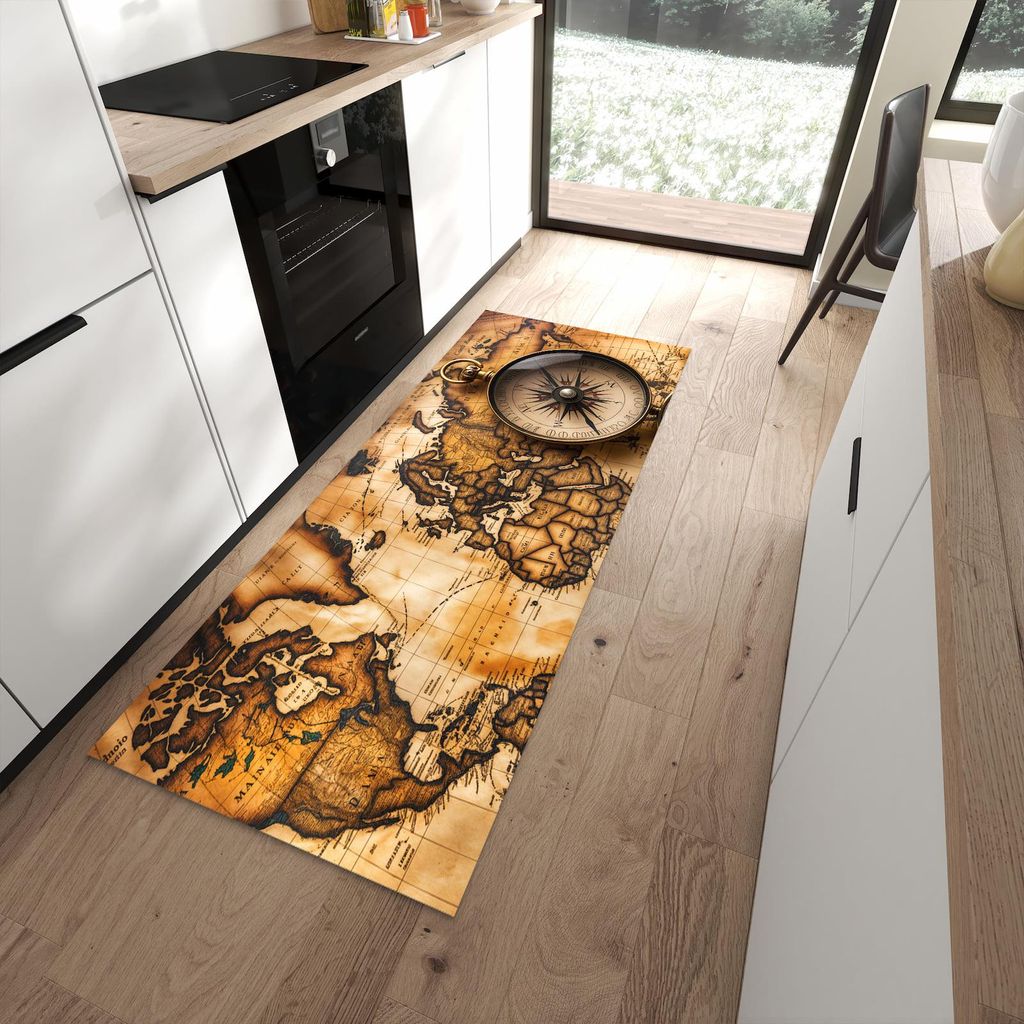 Küchenteppich 80x200cm rutschfest & abwischbar PVC Läufer - Vintage Weltkarte Kompass