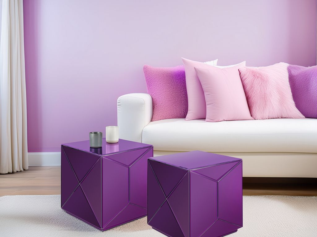 Couchtisch 2 teilig, Beistelltisch Würfel für Sofa, Nachttische verspiegelt Lila