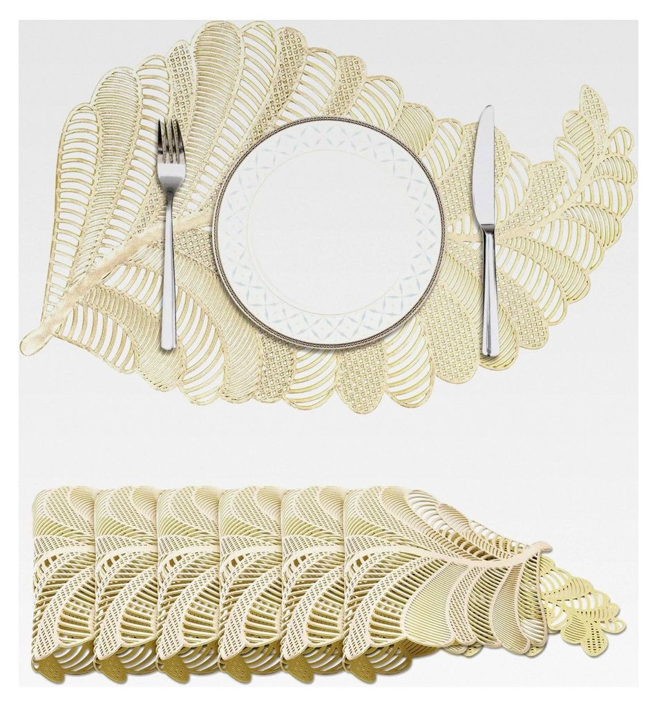 PVC Blätter Metallic Tischsets Abwaschbar, 6er Set Gold Ausgehöhlt, Platzdeckchen für Hochzeit, Küche und Partydekoration