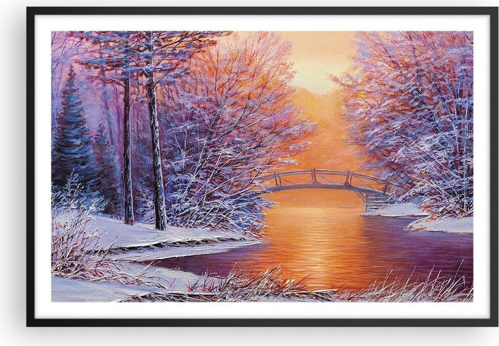 Gerahmtes Poster - Schwarzer Rahmen - Brücke Schnee Wald - Produktbild 