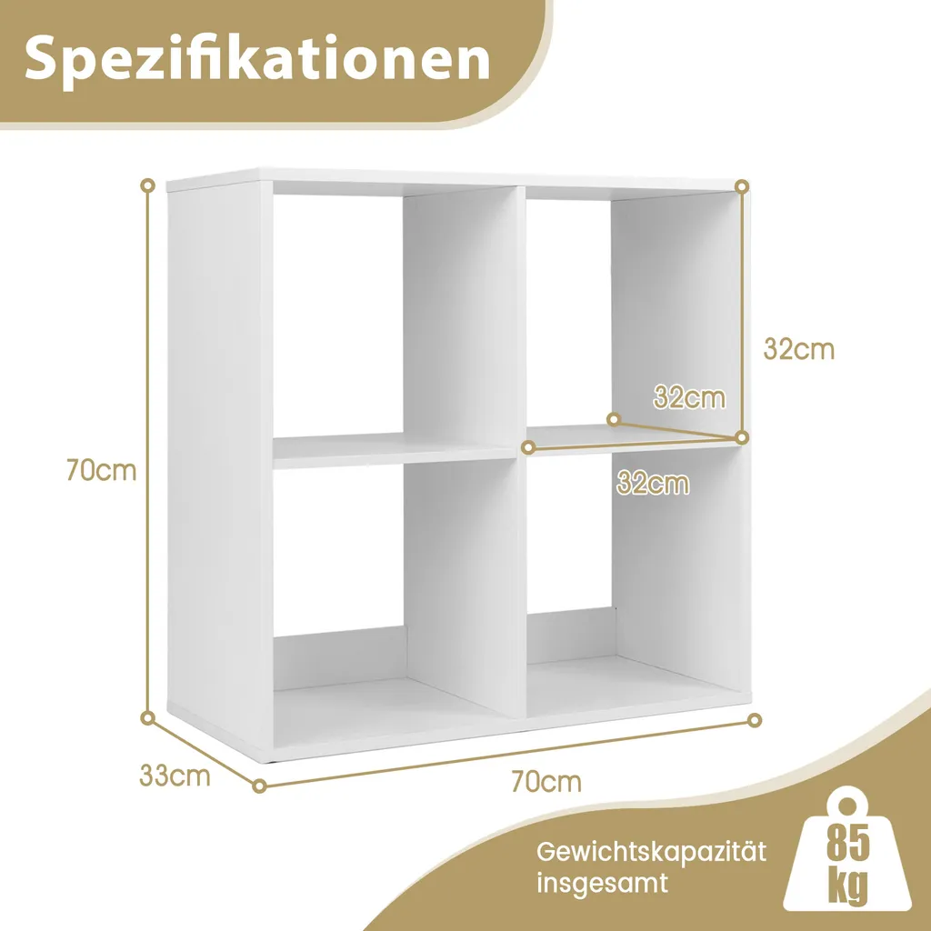 Bibliothèque blanche moderne 4 cases étagère sur pied stable et robuste