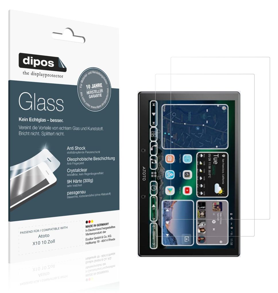 2x Schutzfolie für Atoto X10 10 Zoll - Anti-Shock 9H Folie dipos Glass Kunststoffglas