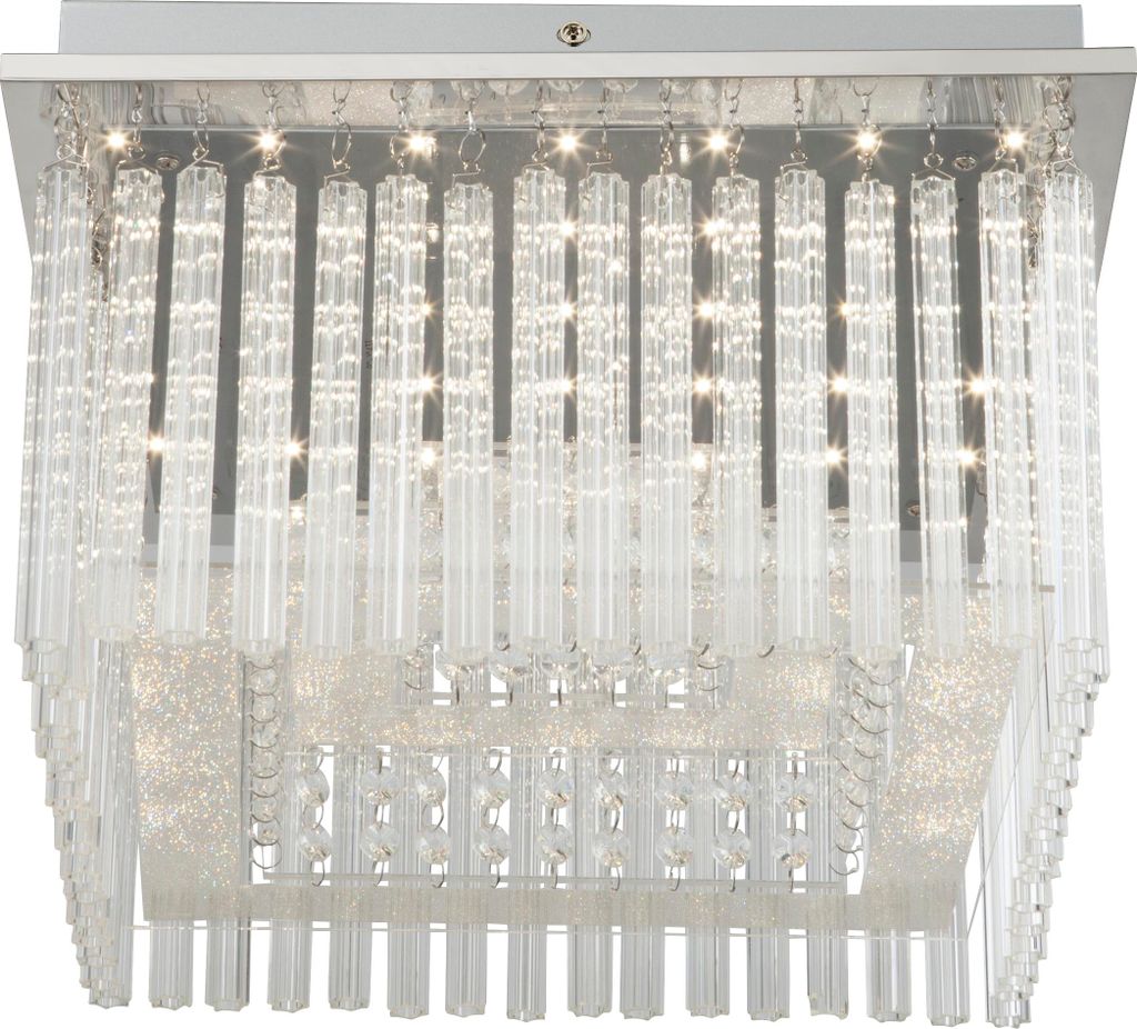 A close-up studio shot of a modern, square ceiling light fixture with multiple tiers of clear glass rods and embedded LED lights.