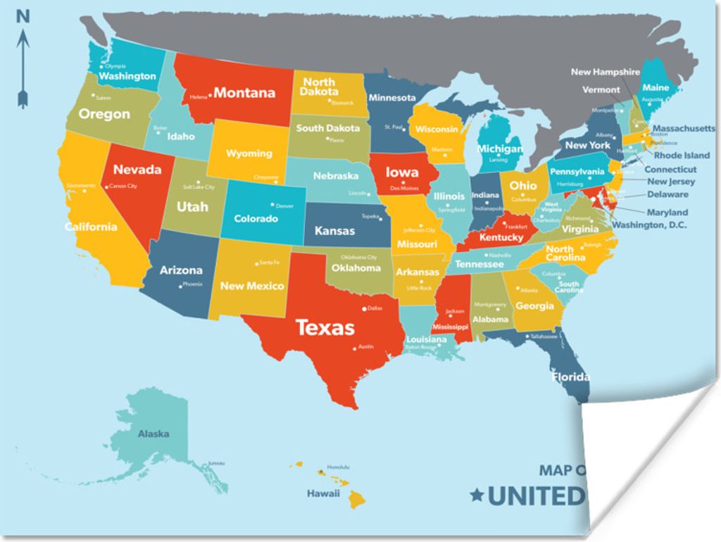 MuchoWow Poster Karte von Amerika in Farbe 80x60 cm - Kunst für zu Hause