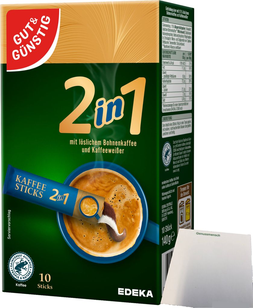 Gut & Günstig Kaffeesticks 2in1 löslicher Bohnenkaffee mit Kaffeeweißer (140g Packung) + usy Block