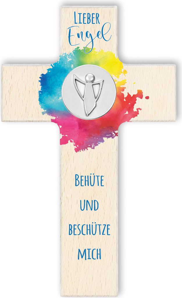 FRITZ COX Holzkreuz Lieber Engel behüte und beschütze mich - mit Engelmünze | ein christliches Geschenk für Kinder und wunderschön im Kinderzi...