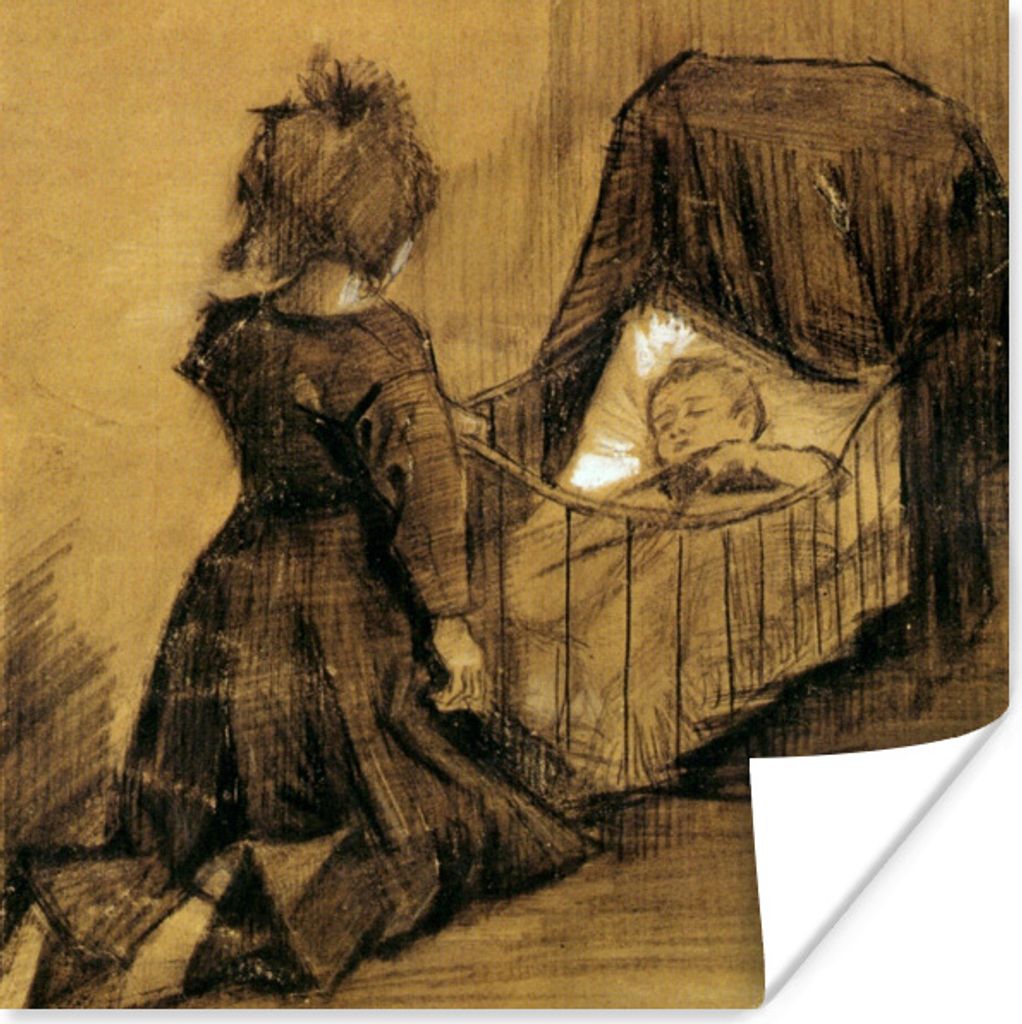 MuchoWow Poster Mädchen kniend bei einer Wiege - Vincent van Gogh 100x100 cm - Babyzimmer