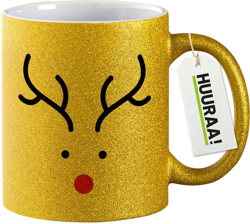 Huuraa Glitzertasse Rentier Rudolph 330ml Gold Keramik Kaffeebecher Geschenkidee