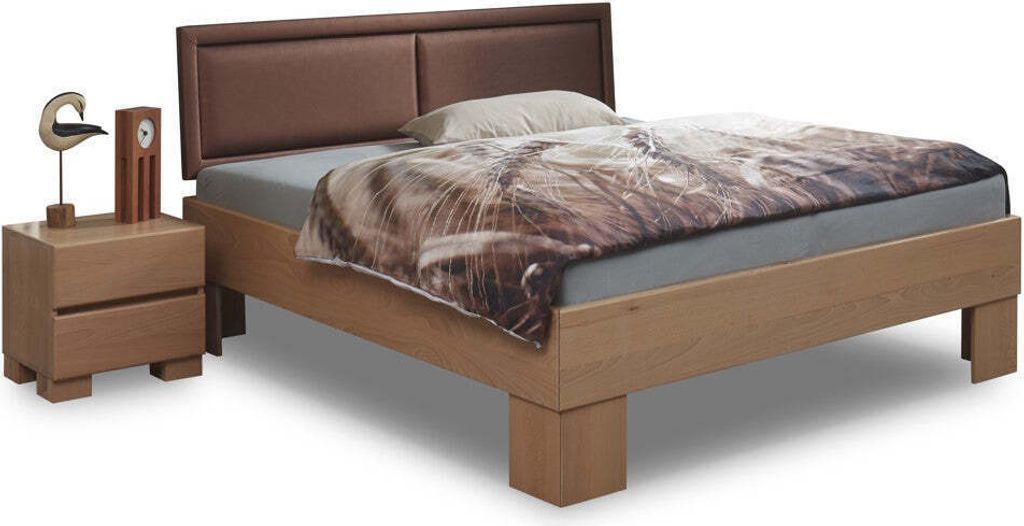 Buche Massivholzbett Premium natur lackiert – 160x200 cm / webstoff-braun