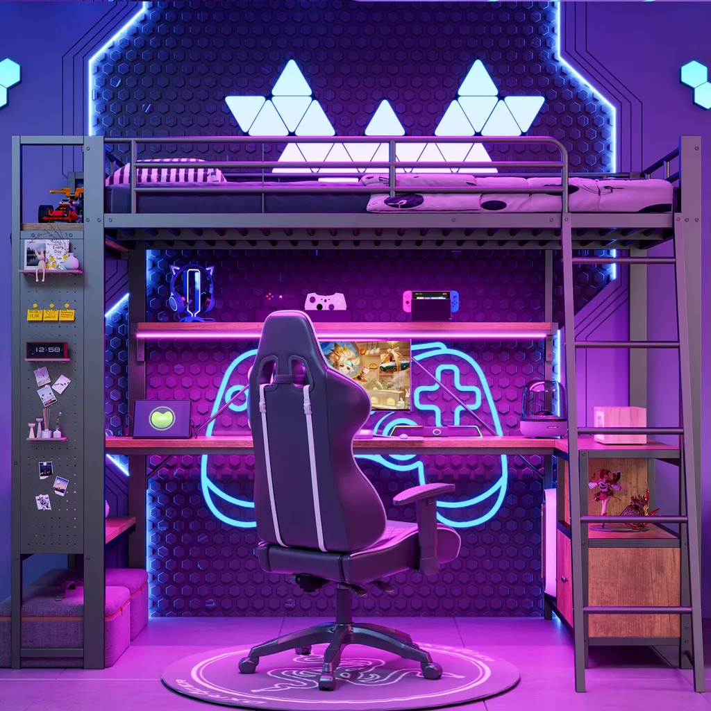 Merax Lit Superposé 90x200 Noir avec Bureau et LED Intégrées - Loft