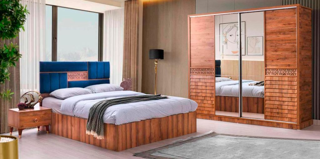 Schlafzimmer-Set 4tlg Braun Blau Bett Nachttische Kleiderschrank Modern Desgin