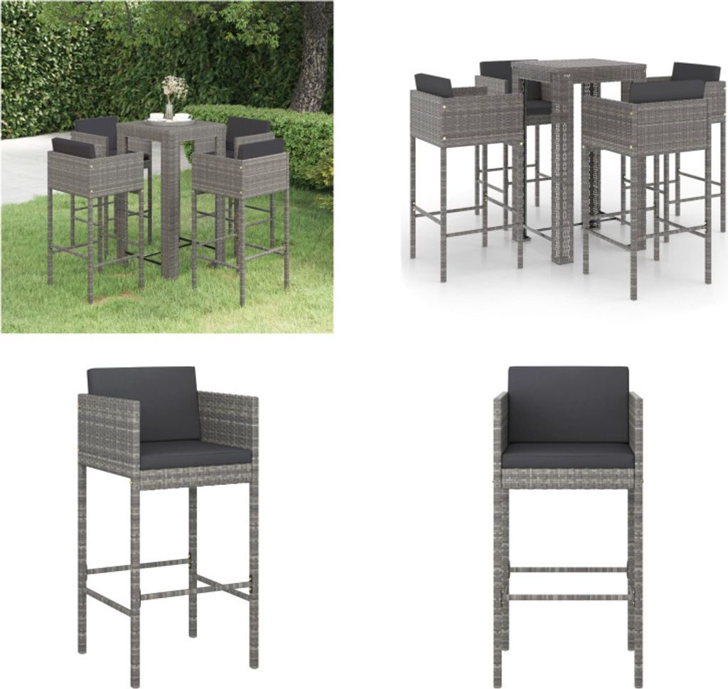 vidaXL 5 tlg. Gartenbar Set mit Kissen Poly Rattan Grau - Garten-Bar-Set - Garten-Bar-Set - Garten-Essgruppe - Garten-Essgruppen