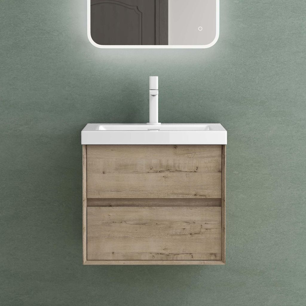Mai & Mai Badmöbelset Badezimmermöbel Waschbeckenunterschrank 2 Schubladen mit Soft-Close inkl. Waschbecken aus Mineralguss Eiche Greige 60 cm Rimo