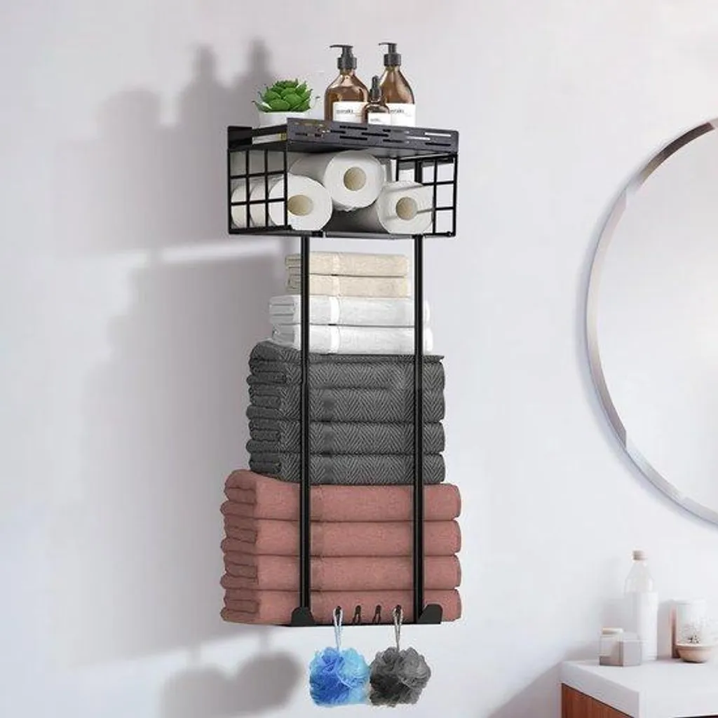 Support serviette télescopique noir adhésif pour salle de bain, 78cm