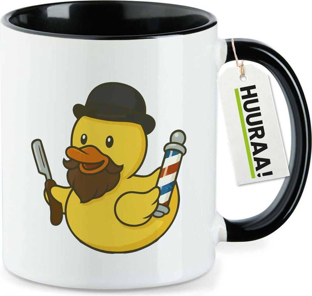 Huuraa Kaffeetasse Quietscheente Barbershop Comic Gummiente 330ml Schwarz Keramik Kaffeebecher Geschenkidee
