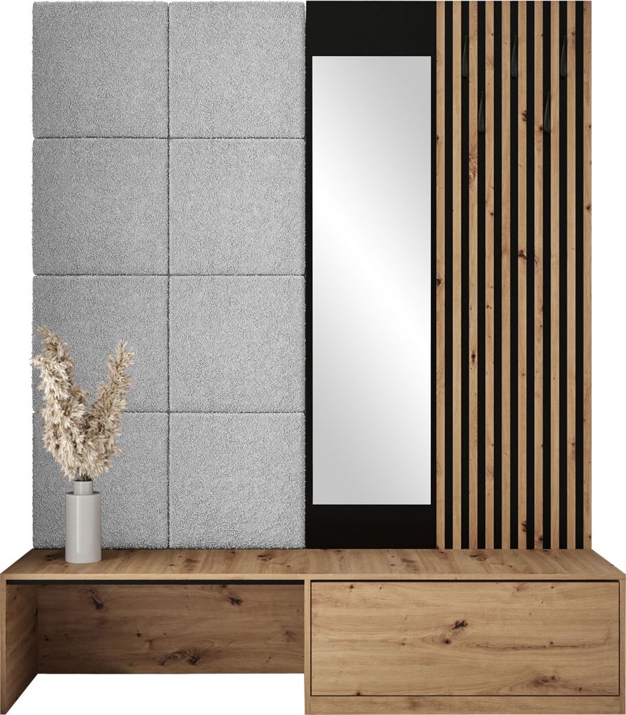 MIRJAN24 Garderoben-Set Premium, Garderobe mit 8x Wandpanel 42x42, Schuhschrank + Spiegel + Lamellen Paneel mit Kleiderhaken (Farbe: Artisan Eiche,...