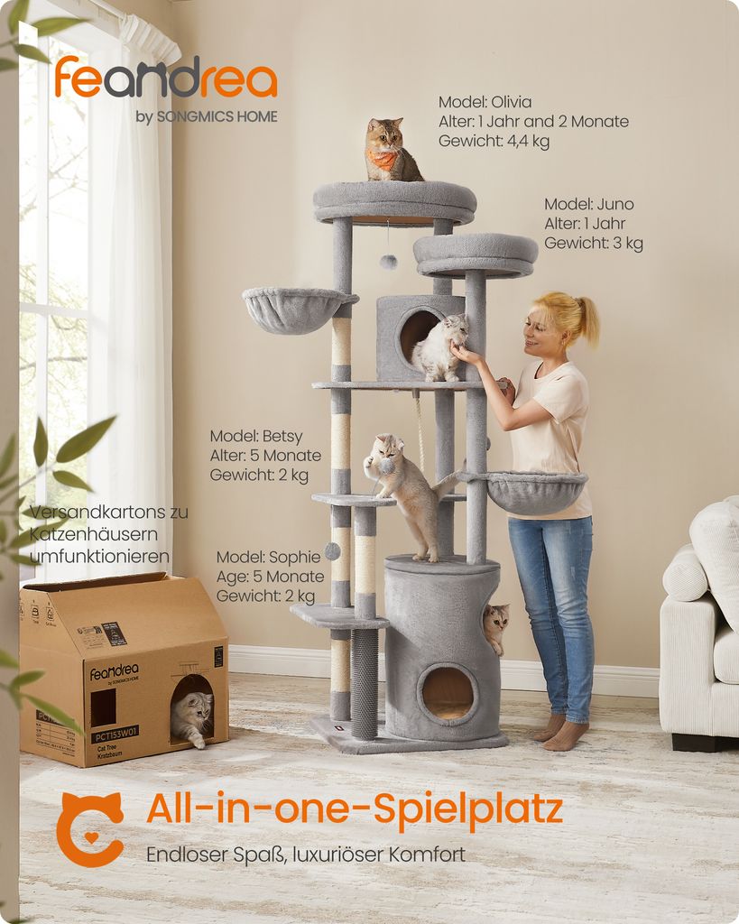 Feandrea Kratzbaum groß, 196 cm, mit Katzenturm, gemütliche Produktbild 