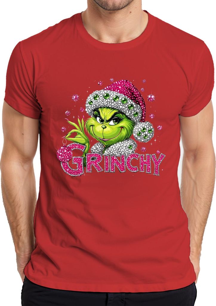 Grinch Bling Glitzer Strass Pink Grün Weihnachten Geschenk lustig Herren T-Shirt, Rot, 3XL