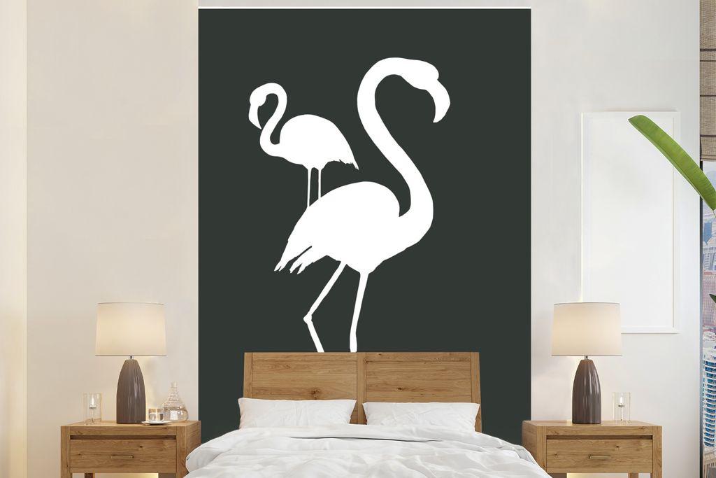 MuchoWow Fototapete für Wohnzimmer oder Schlafzimmer Wandtapete Vinyl Motivtapete Illustration - Flamingo - Weiß - 225x350 cm - Schlafzimmer ta...