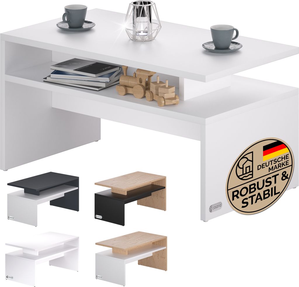 CASARIA Couchtisch Holz Weiß mit Stauraum 95x55x50cm Wohnzimmertisch Modern Kratzfest 50kg Belastbar Beistelltisch Couch Sofa Tisch Wohnzimmer M...