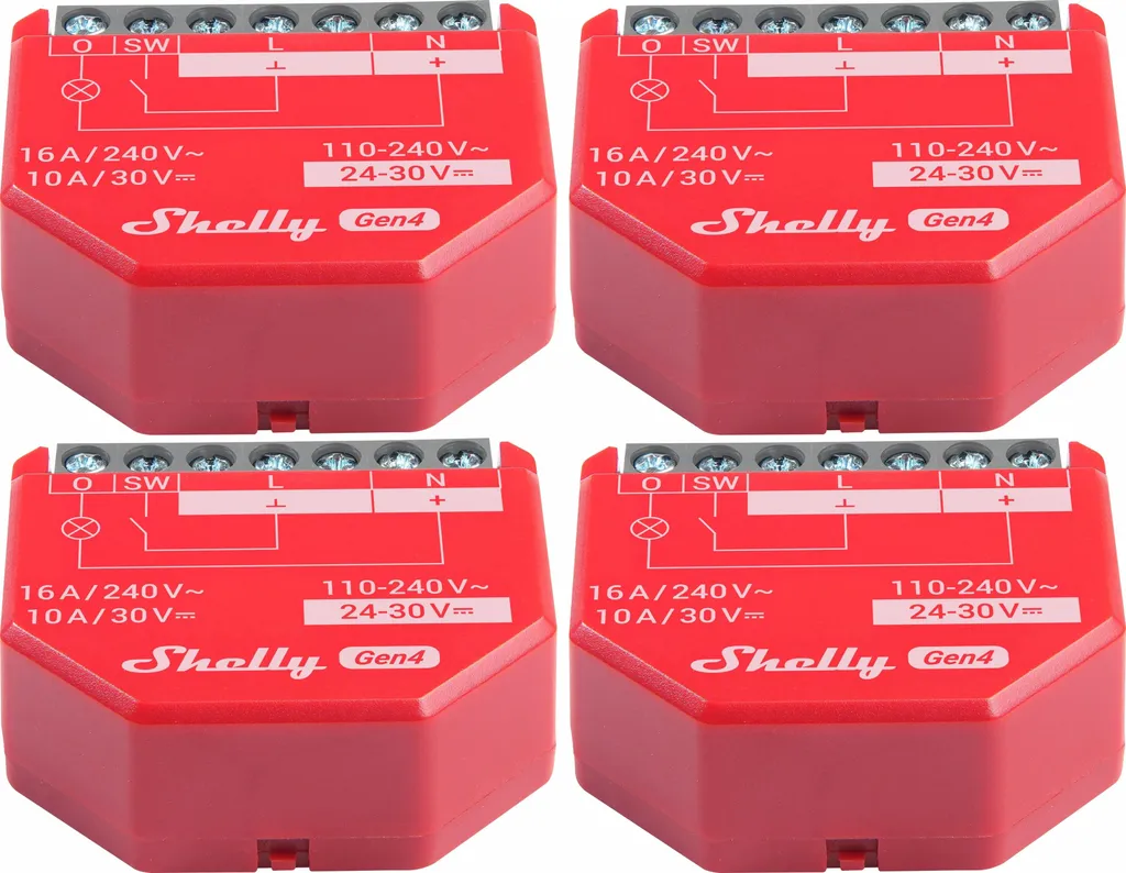 SHELLY Relais 1PM Gen4, 16 A, WLAN, Bluetooth, rot, 4 Stück