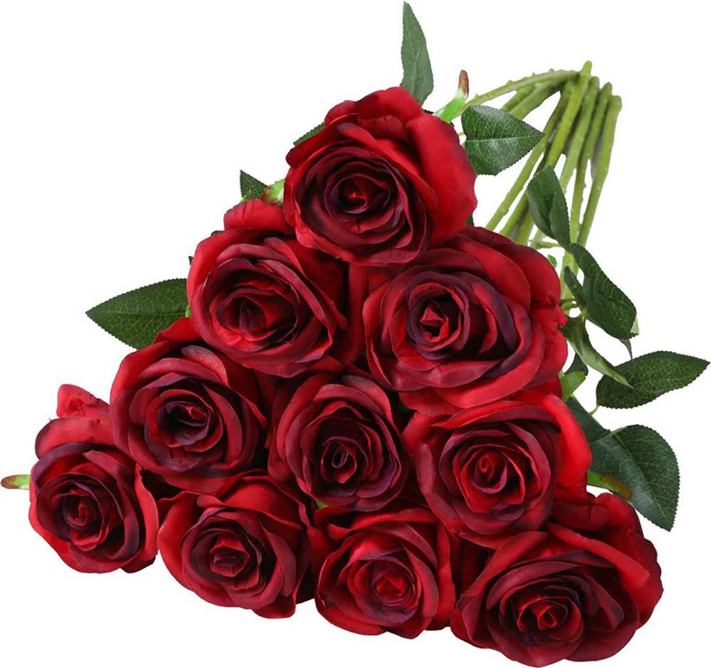 ASKSA 10PCS Rot Kuenstliche Rosen Kuenstliche Flanellblumen Kuenstliche Blumen Realistische Dekorative Blumen fuer Hochzeit Haus Garten,Dunkelrot