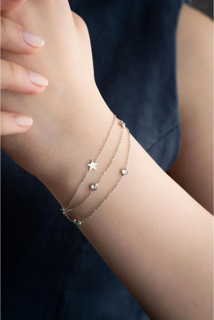 Bracelet Argent 925 Anti-Ternissement, Triple Chaîne Ajustable et Étoile