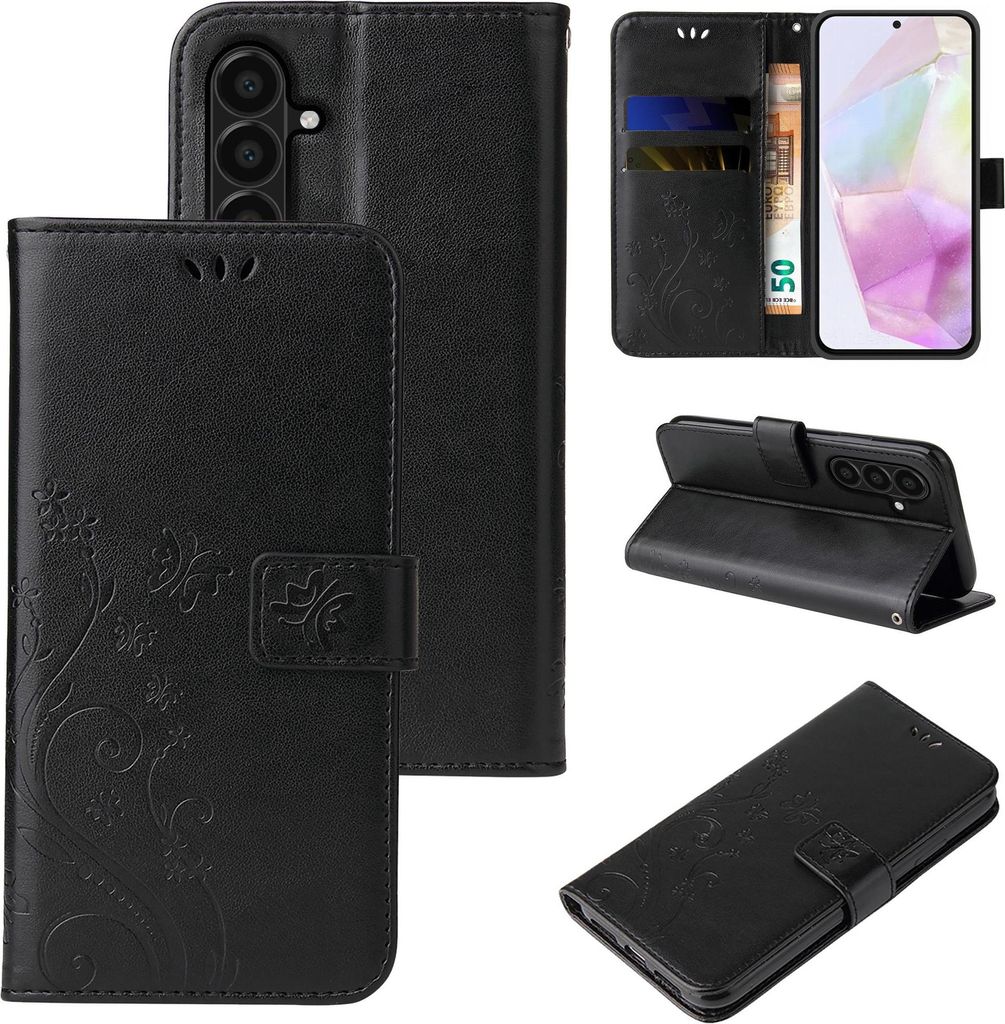 Handyhülle für Samsung Galaxy A37 5G Floral Blumen Schmetterling Flip Cover Hülle Case Klapphülle Handytasche Farbe: Schwarz