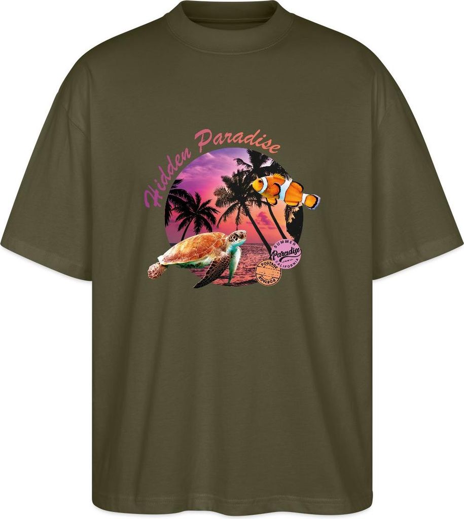 Spreadshirt Hidden Paradise Sunset Urlaub Oversize Uni T-Shirt, M, Khaki