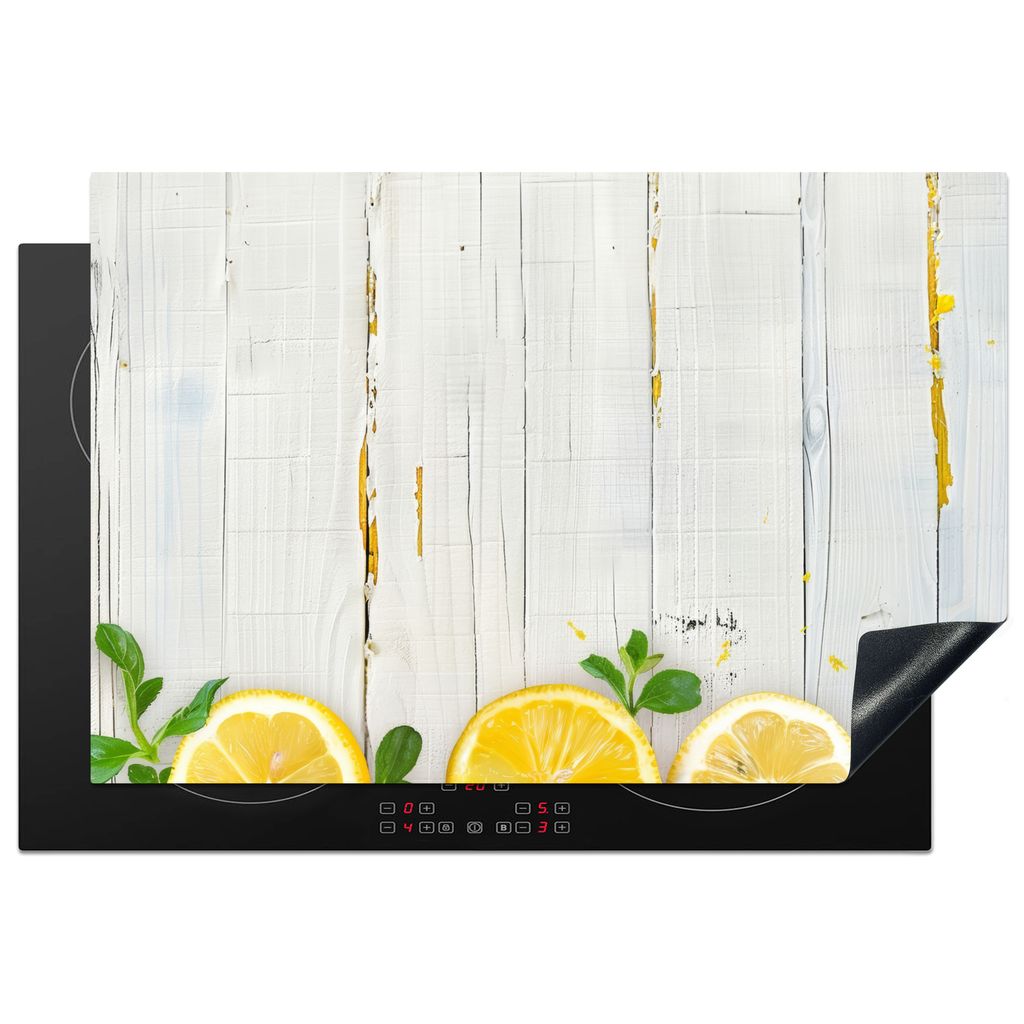 KitchenYeah Herdabdeckplatte Weiß - Holz - Zitrone - Gelb , 76x51cm, Küche Deko, Glaskeramikkochfeld Herdabdeckung, Abdeckplatte fùr Kochfeld