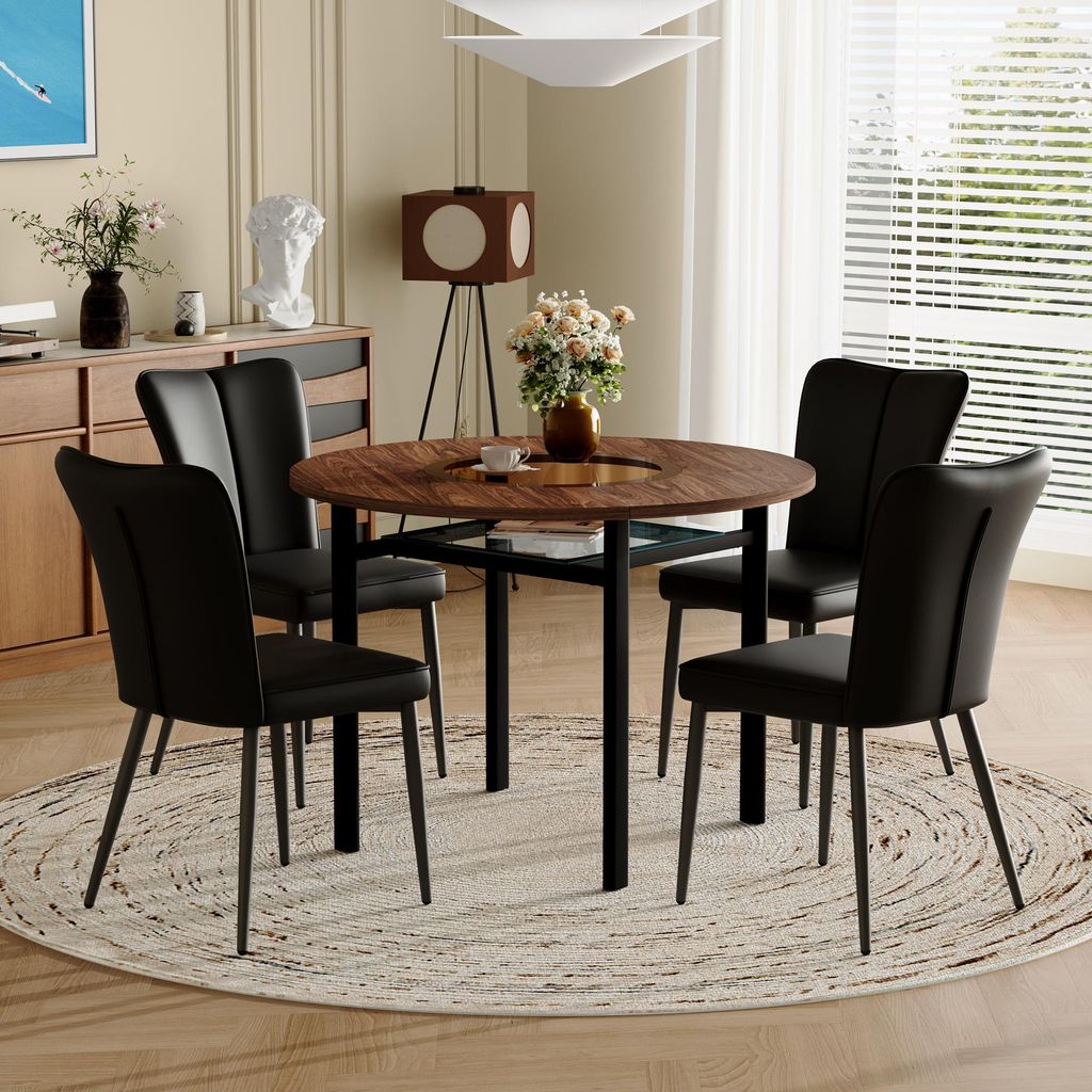 Tisch-Stuhl-Set, 100 cm runder Glastisch + 4 schwarze PolyurethanStühle