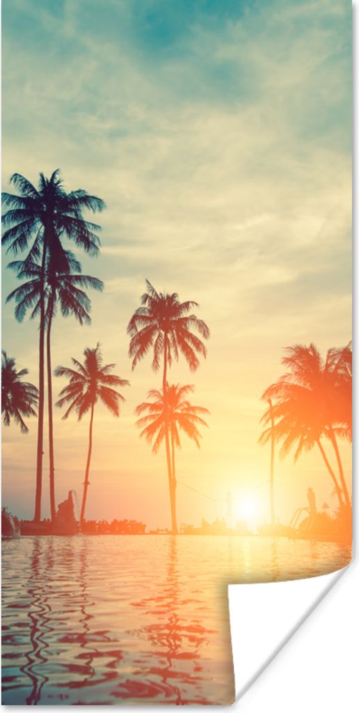 MuchoWow Poster Meer - Sonnenuntergang - Palme - Wolken 60x120 cm - Wandschmuck