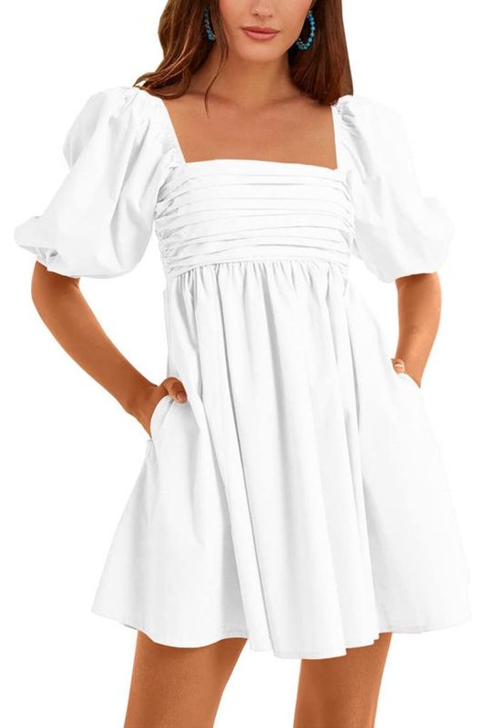 Imily Bela Damenkleid mit eckigem Ausschnitt, halben Puffärmeln, hoher Taille, A-Linie, lässigem rückenfreiem, gerafftem kurzem Babydoll-Minikleid