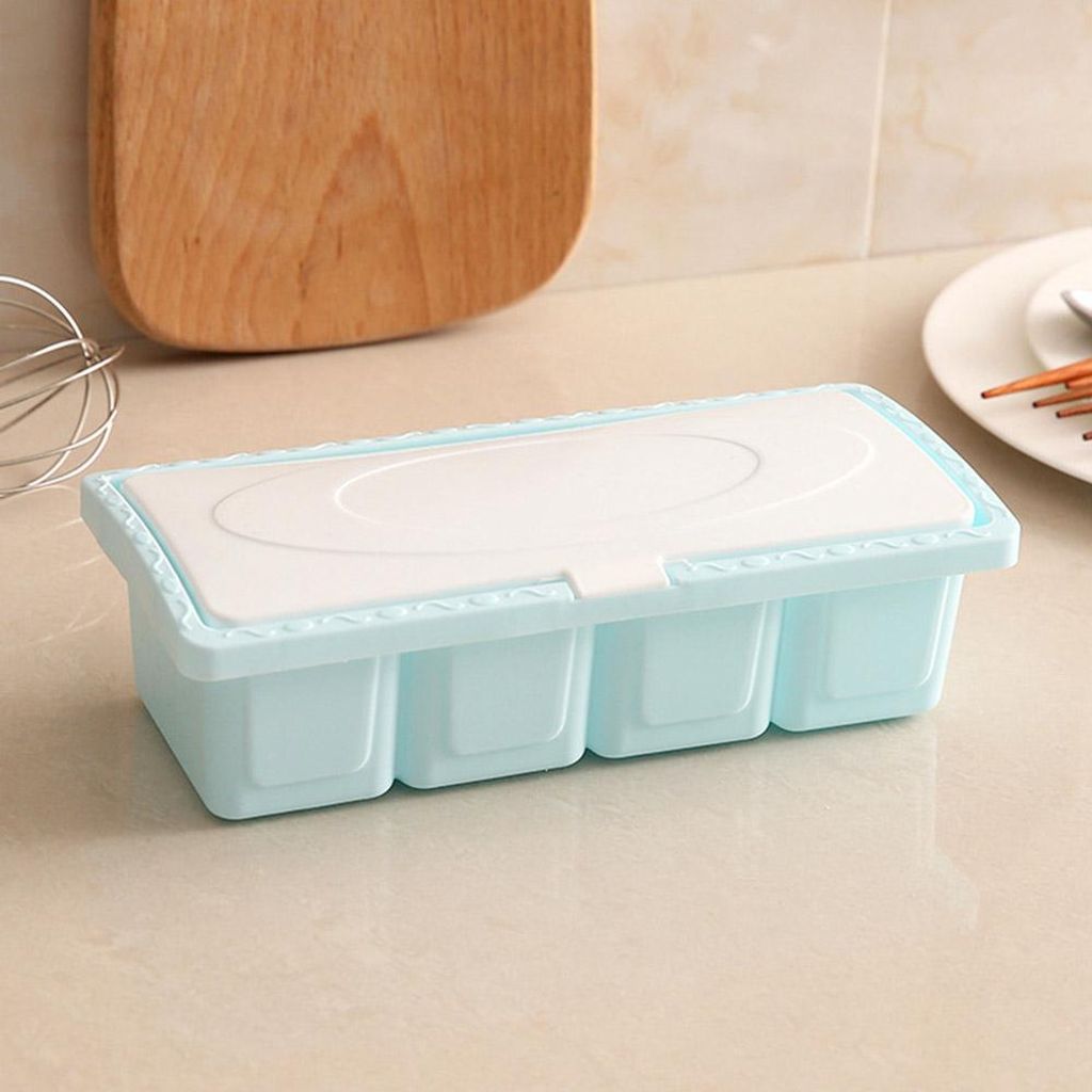 Kunststoff 4-Gitter Gewürz Aufbewahrungsbox Set Salz Gewürz Gewürzbehälter für Küche (blau)