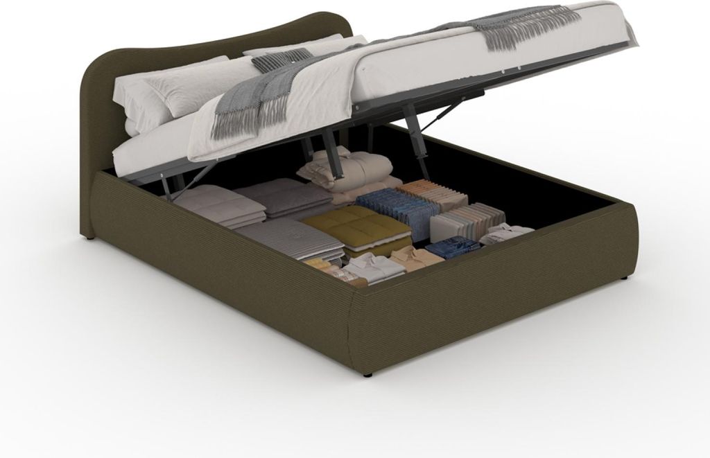 PLANO Bett mit Stauraum 140x190cm abgerundetes Design grüner Cord
