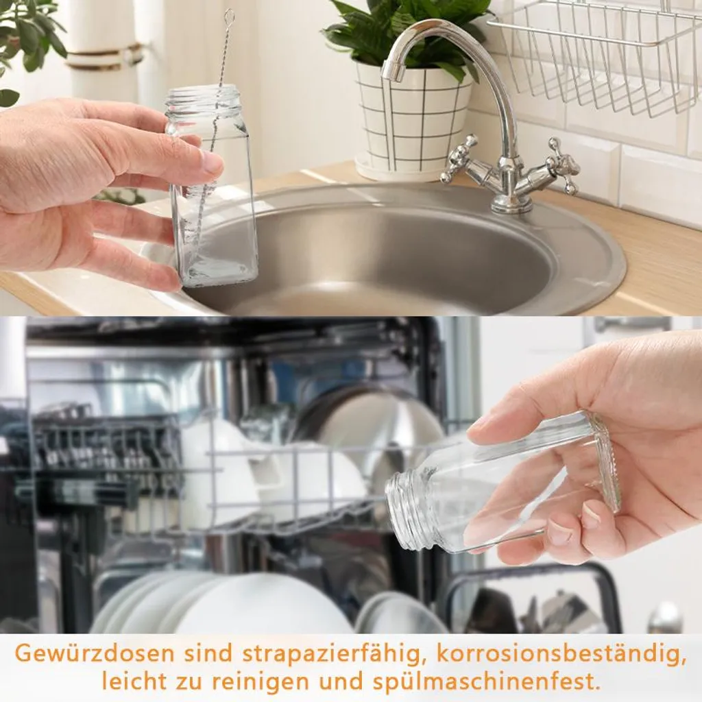 Jayseuw barattoli per spezie quadrati 24 pezzi 120ml barattoli per spezie in vetro con inserto per spolverare, etichette impermeabili, imbuto, spazzola per la pulizia contenitore per spezie accessori da cucina, coperchio in alluminio argento - 5