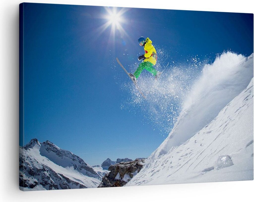 Bild auf Leinwand - Leinwandbild - Ski Winter Schnee Berg - 70x50cm - Wand Bild - Wanddeko - Leinwanddruck - Bilder - Kunstdruck - Wanddekoration -...