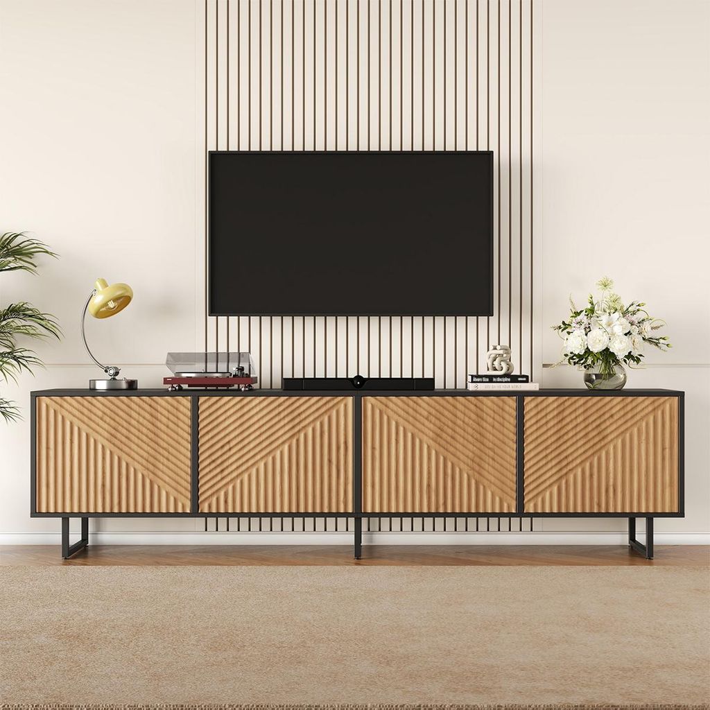 TV-Schrank mit 4 Schranktüren TV-Tisch TV-Ständer für 80-Zoll-Fernseher für Wohnzimmer 180 x 40 x 50cm Holzfarbe+Schwarz