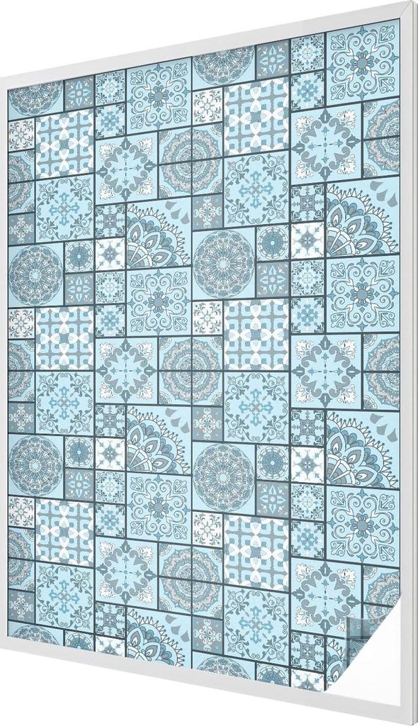 Buntglas Fensterfolie – 146x100 cm – Stained-Glass Design – blickdichte dekorative Sichtschutzfolie – selbstklebend, UV-Schutz – Blaue Fl...