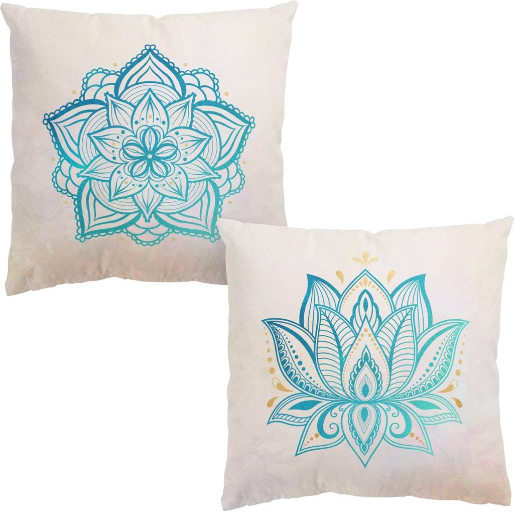 Dekokissen 2-teilig Spirituell drinnen / Indoor Zierkissen Samt waschbar Ornament beige Orientalisch Sofakissen mit Füllung