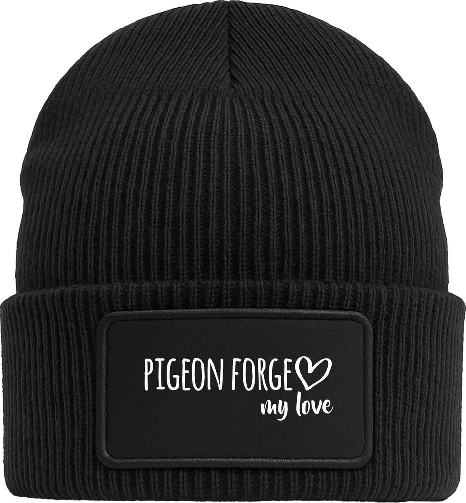 Huuraa Beanie Pigeon Forge my love Black doppellagige Polyacryl Mütze mit Patch Geschenkidee