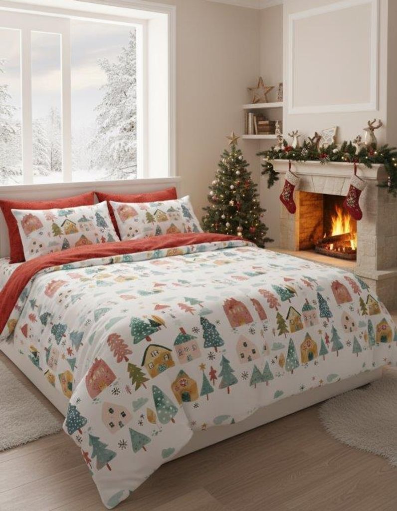 Bettwäsche Set 2tlg 140x200cm – Baumwolle Weihnachtsbettwäsche (Scandic 080) – Motiv Hütten