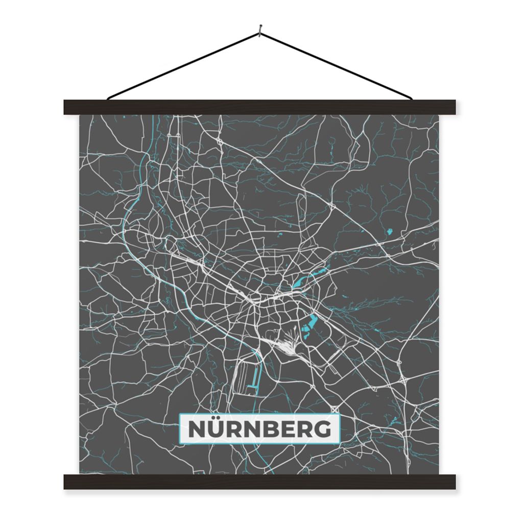 MuchoWow Textilposter Karte - Stadtplan - Nürnberg - Deutschland - Blau 40x40 cm mit schwarzem Rahmen - Fotos
