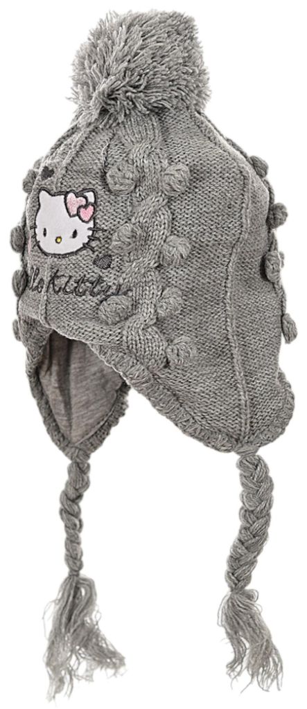 Baby Mütze gestrickt mit Fleece-Futter Hello Kitty Grau 44 cm