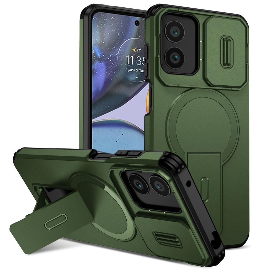 Magnetisch Hülle für Motorola Moto G22/Moto G Play 2024 4G, Dual Layer Stoßfest Handyhülle mit Dia Kameraschutz, Verstellbarem Ständer Grün