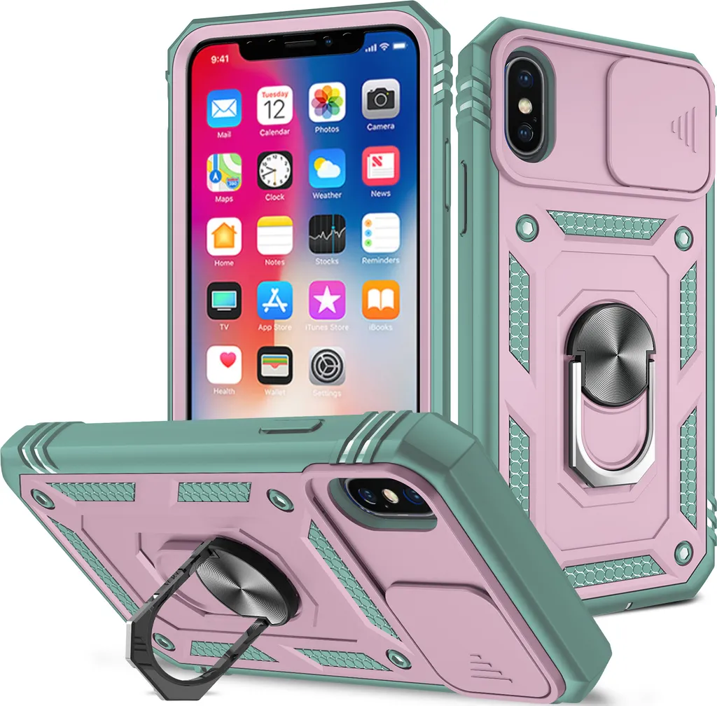 Cover Multifunzione iPhone XS Max: Slide Camera e Slot Card Verde Rosa