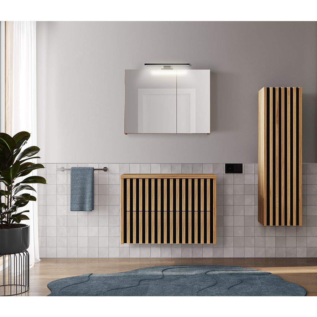 Badmöbel Set in Eiche Nb. mit Lamellenfronten LUCCA-107 LED-Spiegelschrank, 80 cm Waschbeckenunterschrank, Hochschrank, B/H/T: ca. 135/200/45,5 cm