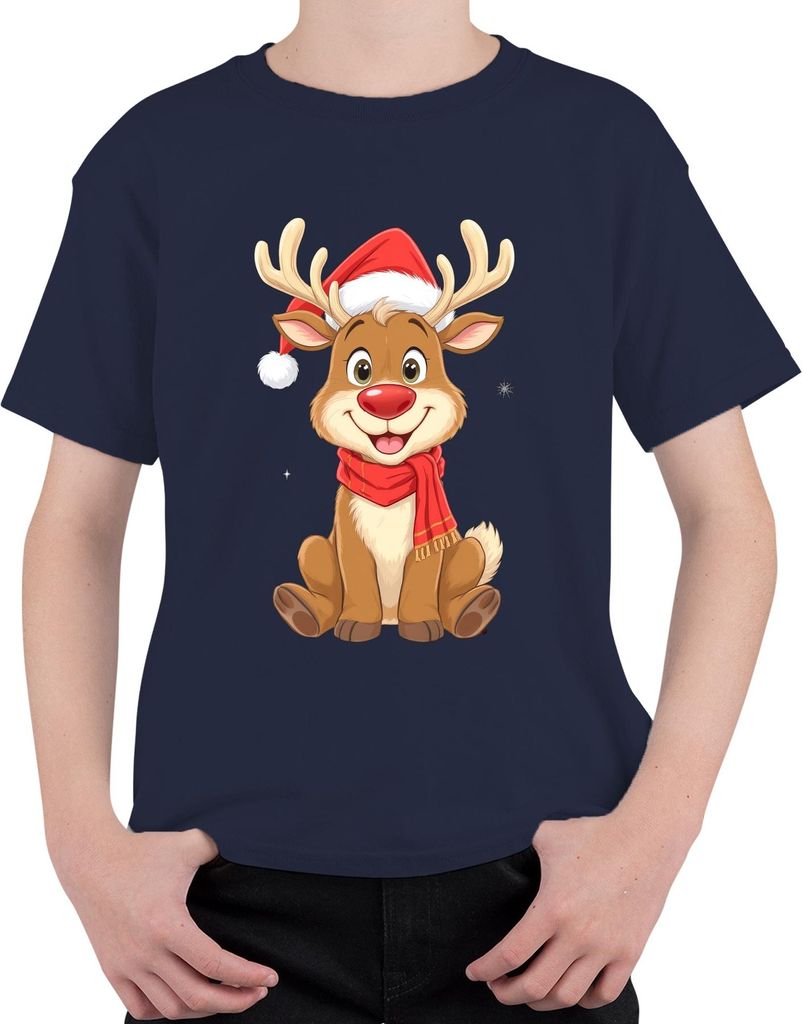 Weihnachtsrentier süß Kinder Cartoon Geschenk Winter Niedlich Uni Kinder T-Shirt, Navy, 128