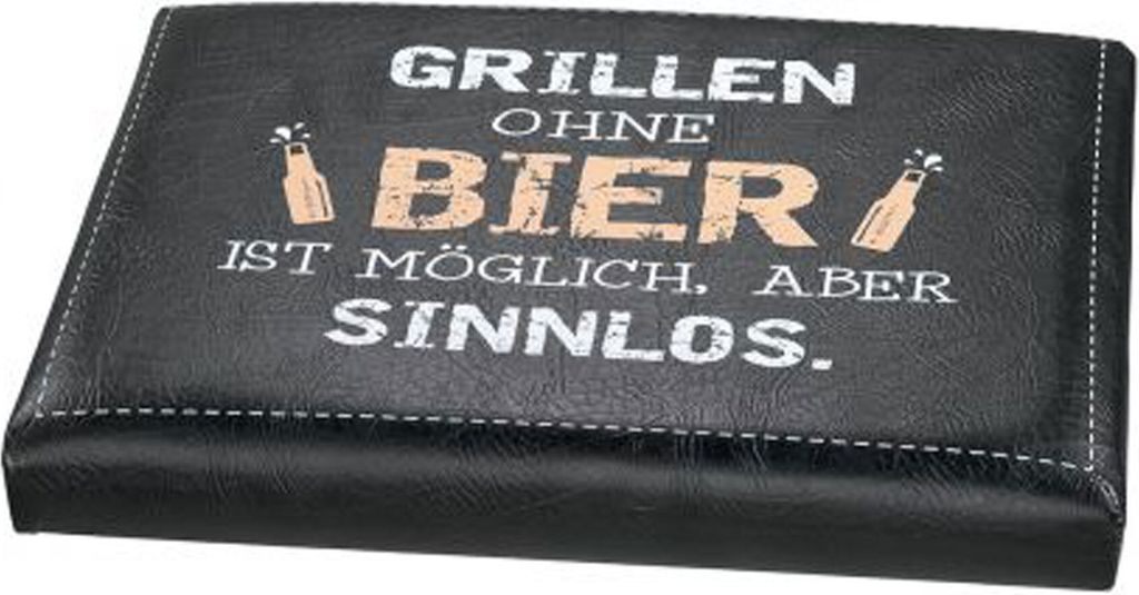 Gepolstertes Sitzkissen für Eurokisten 440x340mm mit Aufschrift 'Grillen ohne Bier ist möglich, aber SINNLOS' schwarz/weiß/gelb