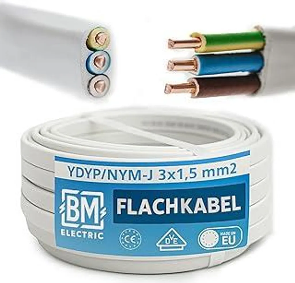 Cavo di alimentazione YDYp NYM 3 x 1,5 mm² (piatto 10 × 5 mm) – Cavo a nastro per passaggio finestra | Cavo per installazioni elettriche | 300/500 V | Rame massiccio | Prodotto nell'UE